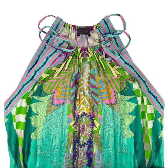 Hale Bob M Women Teal Green Geometric Floral Halter Romper Boho Summer Vacation - Picture 3 of 14